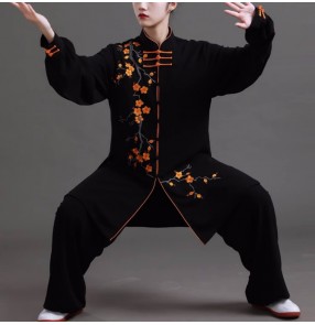 Tai Chi Clothing chinese kungfu uniforms for women black with gold embroidered flowers breathable eight section brocade whushu martial art suit for men changquan 
